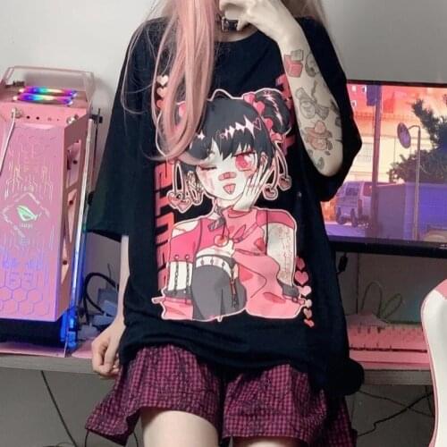 Japanese Streetwear E Girl Anime Tshirt Clothes Original God Graphic Top Harajuku Kawaii Summer Tops for Women 2021 Cartoon