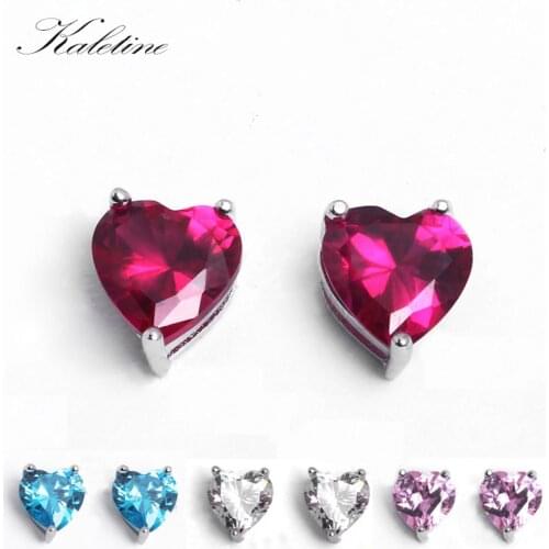 KLTE005 Genuine 925 Sterling Silver Jewellery Garnet Pink See Blue CZ 6mm 7mm 8mm Heart Shaped CZ Crystal Stud Earrings KLTE005