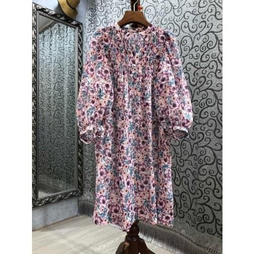 Newest Fashion Summer Dress 2021 High Quality Women V-Neck Pleated Patchwork Charming Floral Print 3/4 Sleeve Casual Loose Dress