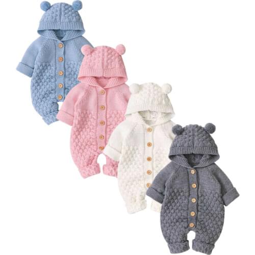 6-24M Newborn Baby Knitted Sweater Autumn Winter Romper Boys Girls Hooded Bear EarJumpsuits Jackets