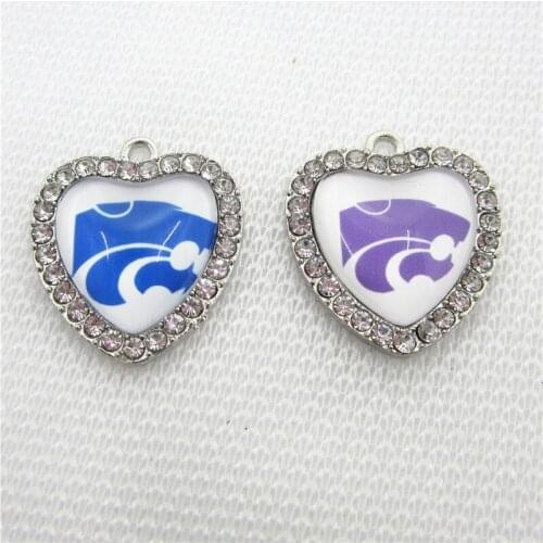 10pcs US Crystal Heart Kansas State Wildcat Dangle Charms DIY Bracelet Necklace Jewelry Sports Hanging Floating Charm