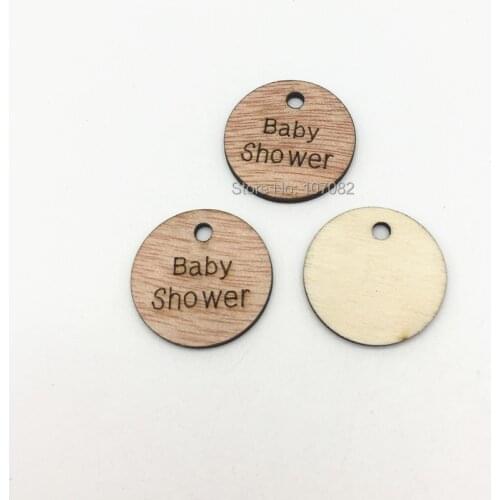 100pcs 25mm Rustic Brown Wood Circle Round "Baby Shower" Tags Disks With Hole Favor Wedding Pendants DIY Crafts