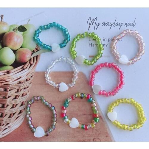 2021 Fashion Glass Beaded Rings Cute Minimalist Coloful Beads Geometric Stacked Fine Rings For Women Party Gift Jewelry Heart