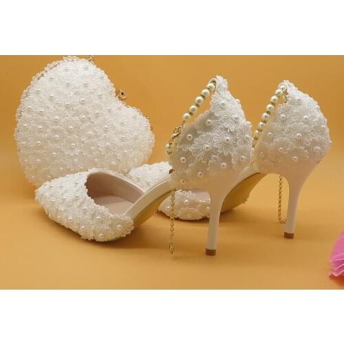 BaoYaFang Fashion Lace Flower Wedding Shoes With Matching Bags High Heels Pointed Toe Ankle Strap Ladies Party shoe and purse