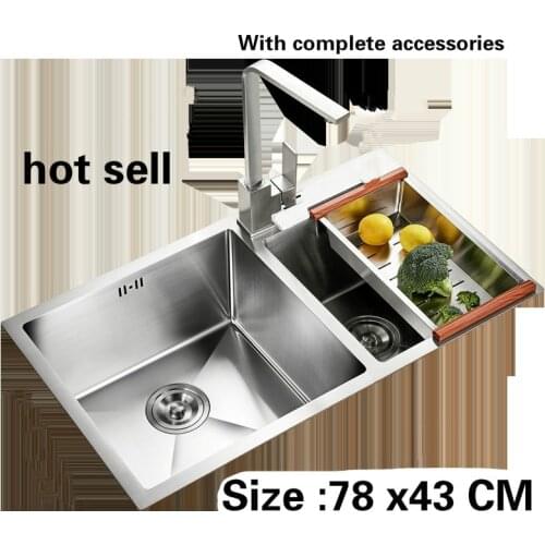 Free shipping Manual double groove food grade 304 stainless steel durable ordinary hot sell 3 mm thick kitchen sink 78 x43 CM