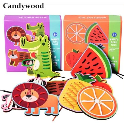 4 Pcs/box Wooden Animals Fruit Threading Game Montessori Toys Early Education Wooden Desktop Toy Jigsaw Puzzles Game Gift