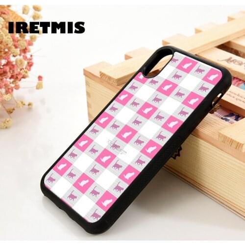 Iretmis 5 5S SE 6 6S TPU Silicone phone case cover for iPhone 7 8 plus X Xs 11 Pro Max XR pink cats silhouette checkered pattern
