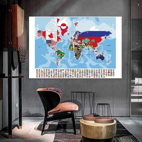 The World Map Wall Decorative Map with National Flags Art Poster Non-woven Canvas Painting Study Supplies Home Decor 225*150cm