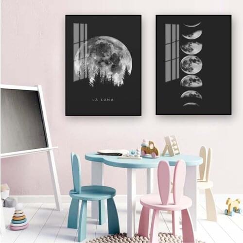 Canvas Picture Painting Decoration for Living Room Minimalist Full Moon Poster Art Black White Moon Phases Prints Solar System