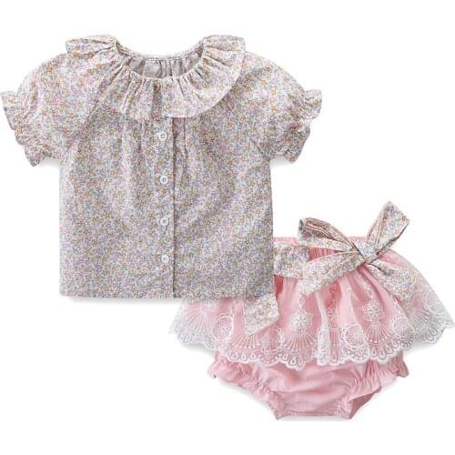Baby Girls Clothing Sets Summer Infant Outfits Floral Print Girls Tops +Lace Panties with Big Bow 2pcs/set Kids Clothes 0-3Y