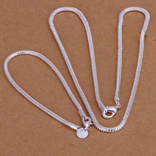 Hot style factory direct high quality 3MM snake bone chain necklace bracelets fashion women Silver color jewelry Sets S076
