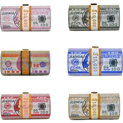 Luxury $100 Roll Dollars Rhinestone Bling Money Bag Clutch Evening Bag Round Purse Crystals Bling Money Bag Shoulder Purse
