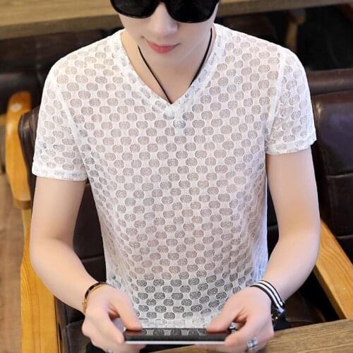 New Summer Mens T-shirt Korean Slim Trend V Neck Half-sleeved Shirt Solid Color Bottoming Shirt Hollow Out Ice Silk T-shirt D77