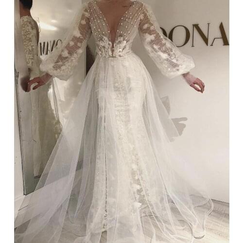 SuperKimJo Deep V Neck Prom Dresses 2020 Lace Applique Beaded Flare Sleeve Elegant Luxury White Prom Gown Vestido De Longo