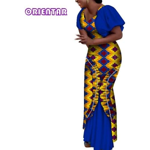 African Long Maxi Dresses Women African Wax Print Cotton Dress with Ruffles Pearls 2021 New Muslim Fashion Evening Gowns WY9059