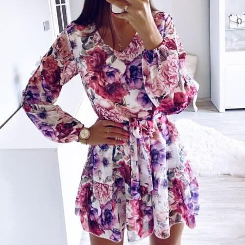 Spring Womens Chiffon V Neck Flower Print Dress Casual Long Sleeve Short Dress Female Boho Leisure A Line Party Vestidos 2021