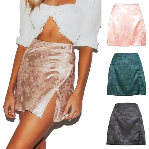 Sexy Side Split Skirt Print Jacquard Satin High Waist Back Zipper Jupe A-line Slim Wrap Hip Female Fashion Party Mini Skirt