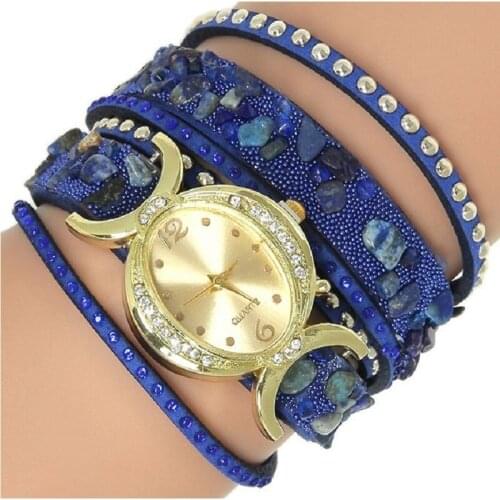 Gnova Platinum TOP dress women watch rhinestones crystal stones large strap PU leather strap bracelet wristwatch golden dial