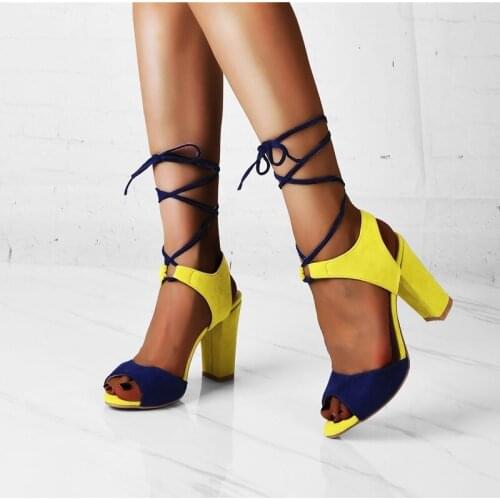 Square Heel Woman Sandals Lace Up Round Toe Mixed Color Ladies Shoes Cut Out Chunky Heel Dress Party Summer Shoes Big Size