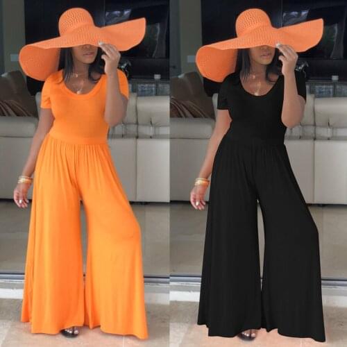 2019 Women Jumpsuits Summer Office Ladies Wear Casual Boho Round Neck Black Romper Loose Overalls Wide Leg Short Sleeve Clubwear