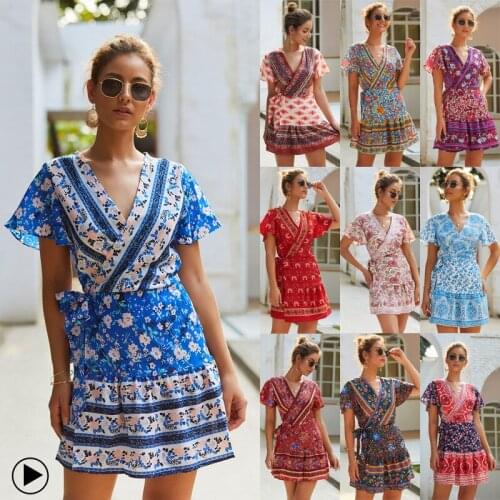 Women Bohemia Dress Floral Pattern Short Sleeve Deep V-Neck Waist Design Outfit Loose Pleated Short Dress for Beach Vacation