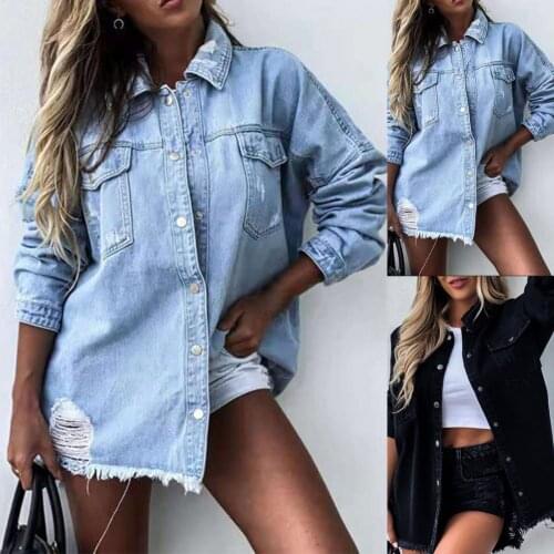 Women Denim Coat Solid Color Ripped Autumn Winter Single-breasted Turndown Collar Irregular Hem Shirt Streetwear Casual Style