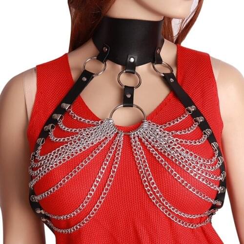 Goth Leather Body Harness Necklace Women Bra Top Chest Bondage Tassels Chain Lingerie Sword Belt Punk Fashion Girl Festival Rave