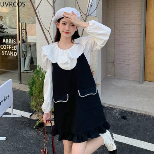 Korean style women dress sets Kawaii cute peter pan collar white shirt and black Slim Midi Skirt Sweet two piece elegant clothes