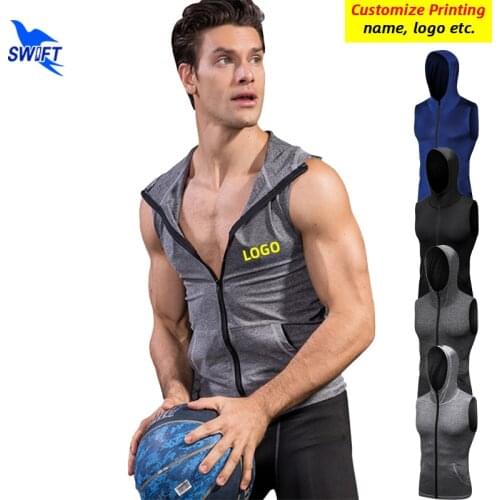 Customize LOGO Rashguard Hooded Vest Men Quick Dry Sleeveless Running Shirt Elastic Hoody Sportswear Gym Fitness Training Jacket