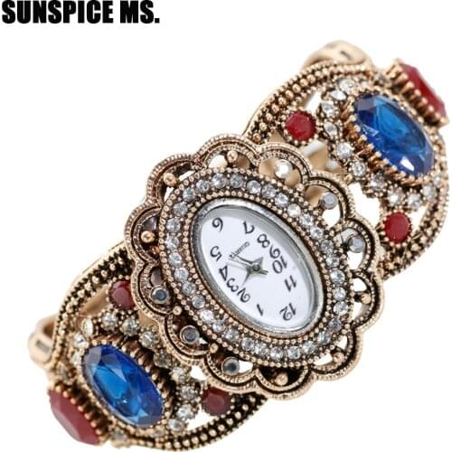 SUNSPICEMS Retro Vintage Turkish Cuff Bangle Watch Jewlery Antique Gold Color Resin Indian Ethnic Wedding Gift Quartz Wristwatch