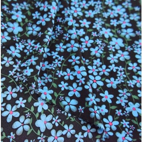 Elegant High-end Black Background Blue Floral Imitation Velvet Chiffon Fabric French Dress Shirt Handmade DIY Fabric