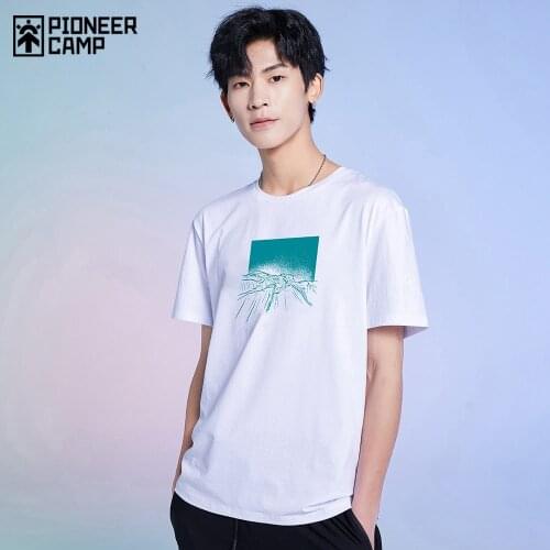 Pioneer Camp Blue T-shirts Men Summer Mountain Print 100% Cotton Black White Streetwear Mens Summer Clothing XTK01102048