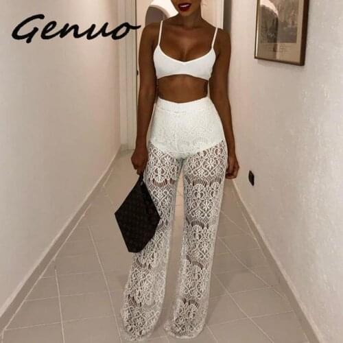 Genuo High Waist Loose Sexy Lace Pants Women Fashion Hollow Out Lace Crochet Long Women Trousers Black Beach Casual Women Pants