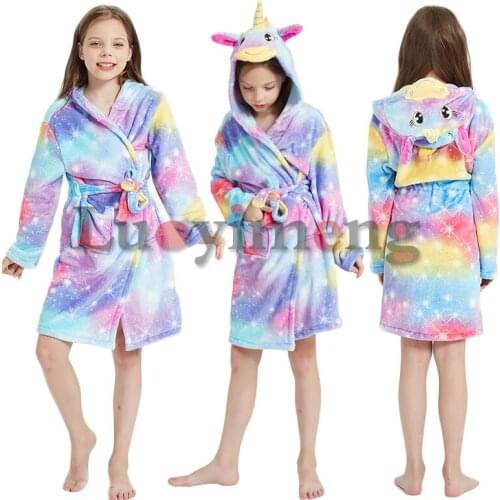 Winter Kids Sleepwear Robe Flannel Unicorn Hooded Bathrobe For Boys Girls Robes Kigurumi Animal Towel Robe Childrens Clothing