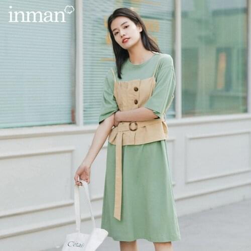 INMAN Summer Dissymmetry Nipped Waist Waistcoat With Short Sleeve Dress Two-piece Dress