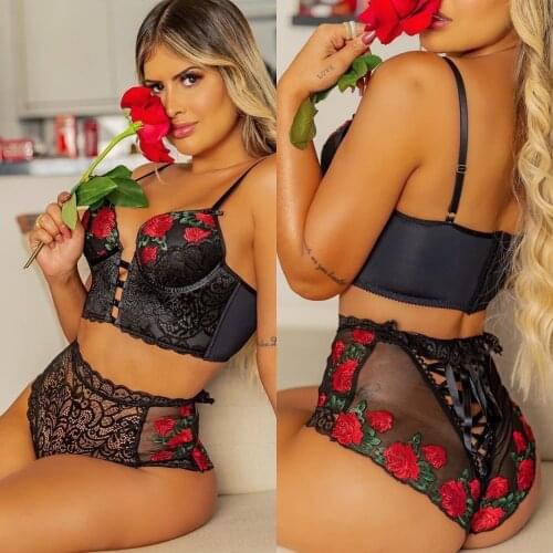 Lingerie Bra Set Sexy Underwear Set Women Floral Embroidery Padded Push up Bralette Thong Lenceria Lingerie Set Female Sleepwear