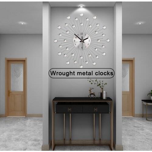 33cm Round Vintage Crystal Sunburst Metal Wall Clock Living Room Bedroom 3D Gypsophila Diamond Quartz Clocks Home Art Decoration