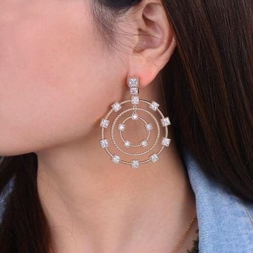 LARRAURI Fashion Jewelry Luxury Round Circle Long Dangle Earrings For Women Wedding Cubic Zircon Crystal Dubai Bridal Earrings