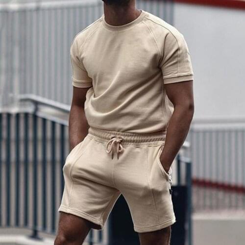 Men Tracksuit Solid Color Thin Summer Short Sleeve T-shirt Shorts Set for Fitness Running Travel Shopping Daily Wear Sportswear