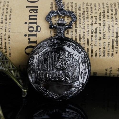 New Arrival Exquisite Wolf Vintage Black Quartz Pocket Watch Men Women Pendant Necklace Jewelry Gifts Drop Shipping
