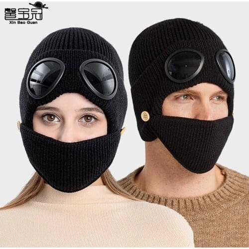 Autumn and winter new pilots' glasses, ear protection cap, plush warm wool cap, womens Korean knitted hat mask