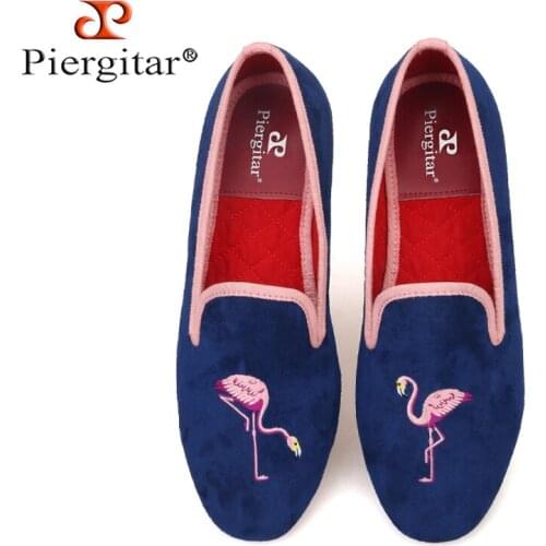 Piergitar 2021 New Style Cow Suede Womens Loafers Flamingo Embroidered Women Flat Shoes Red Outsole Slip-On Ladies Casual Shoes