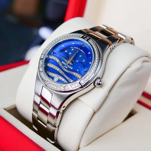 Reef Tiger/RT Fashion Womens Watch Diamonds Bezel Full Stainless Steel Moon Phase Quartz Watch Water Resistant Clock