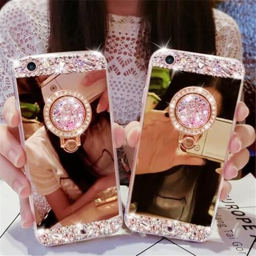 Luxury Soft Rubber Crystal Rhinestone Glitter Mirror Case With Gem Holders Stand For iphone11 12 pro max X XS MAX XR 6S 7 8 Plus