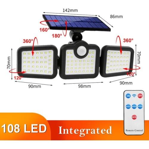LED Solar Light 108 122 138 171 Outdoor 3 Head Motion Sensor 270 Wide Angle Lighting Waterproof Remote Control Wall Light