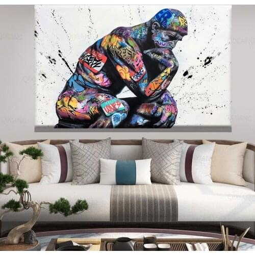 Thinker Man Graffiti Art Paintings on the Wall Art Posters and Prints Portrait of Think Canvas Pictures For Living Room Cuadros