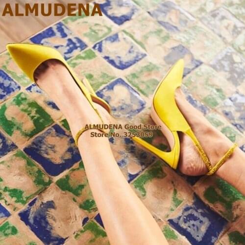 ALMUDENA Yellow Satin Cloth Pointed Toe Dress Pumps Bling Bling Crystal Strap Slingback Wedding Shoes Women Stiletto Heel Size47