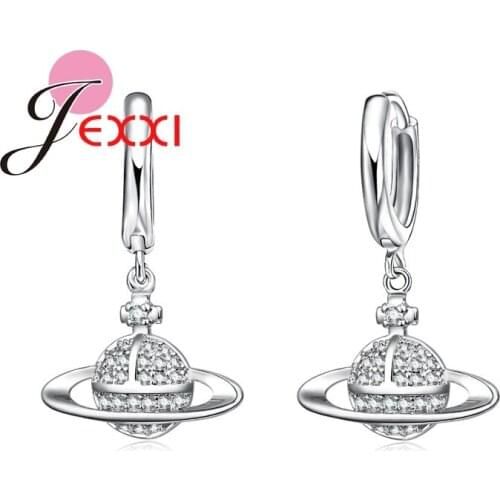 Unique Design Fashion Planet Clear Micro Cubic Zirconia 925 Sterling Silver Dangle Earrings For Women Party Brincos Bijoux