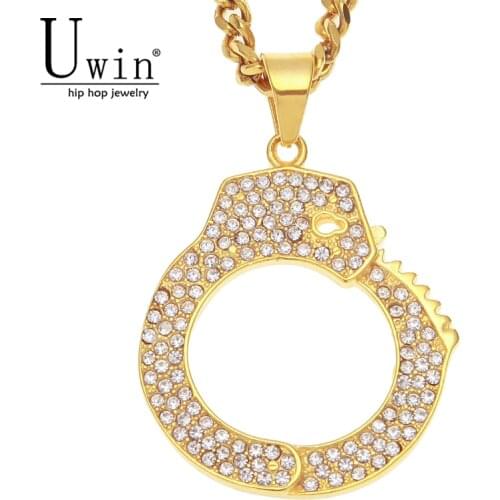UWIN Hip Hop Rhinestone Handcuffs Pendant Mens Stainless Steel Jewelry Golden Punk Rock Pendant Necklace Cuban Chain