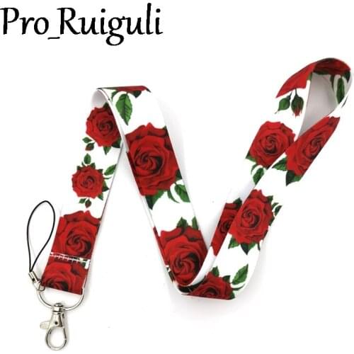 30pcs Rose flowers women Keychain Lanyards Id Badge Holder ID Card Pass Gym Mobile Phone Badge Holder Key Straps webbing